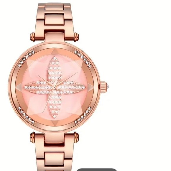 Accessories - Rose Gold Quartz Watch with Sparkling 3D Four-Leaf Clover & Rhinestone Dial